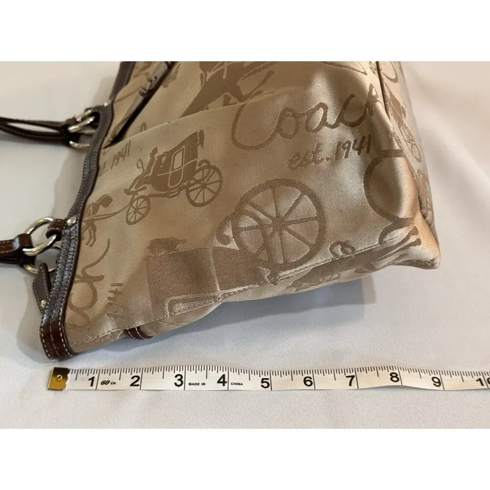 Coach Signature Khaki Satin Horse & Carriage Tote (2010) Br Leather A1049-F14482